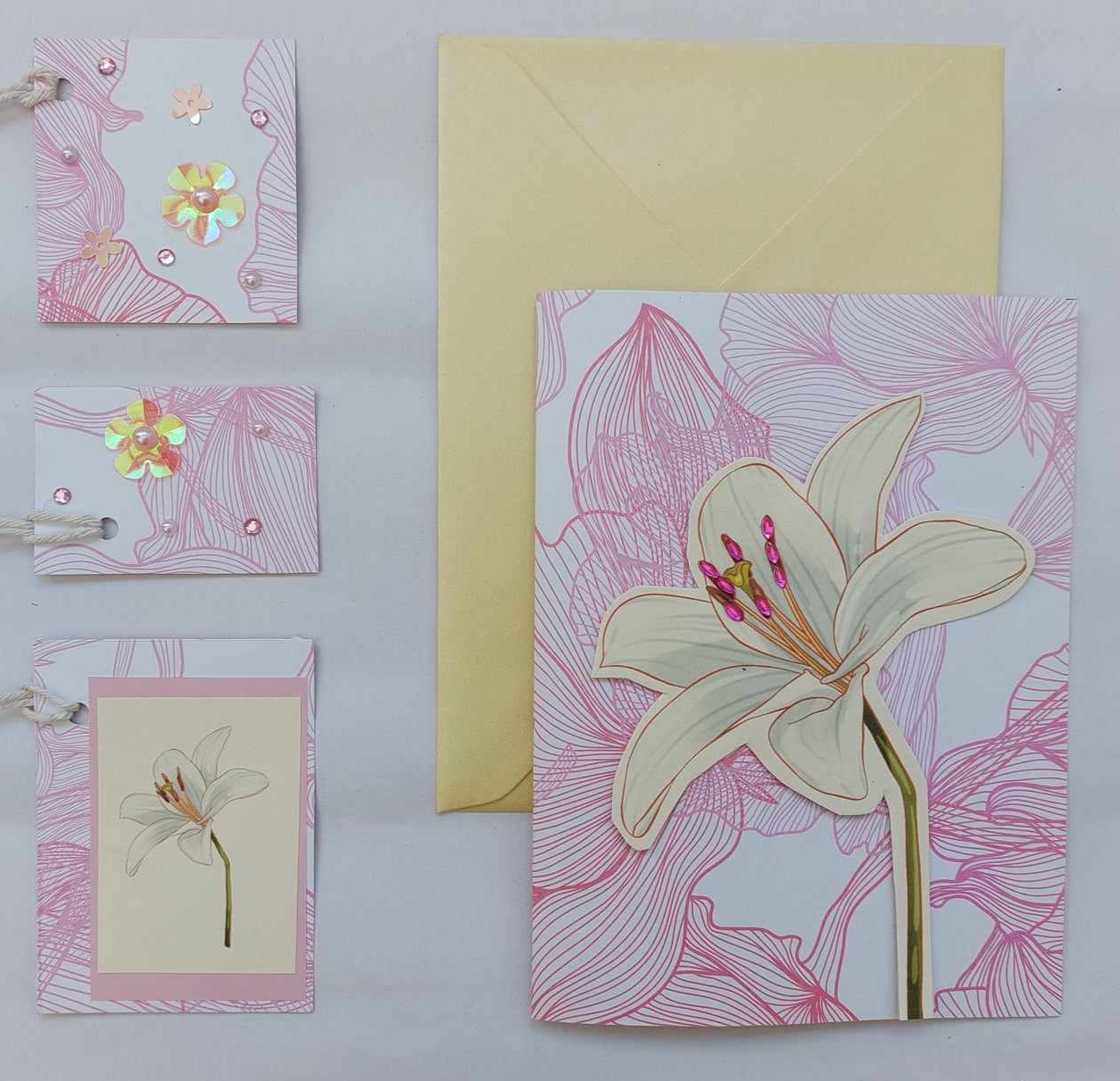 Lily greetings card and matching gift tag set by LucyRose Handmade at Rosies Garden