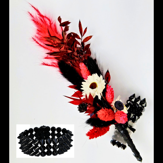 Red and Black Dried Botanicals Wrist Corsage